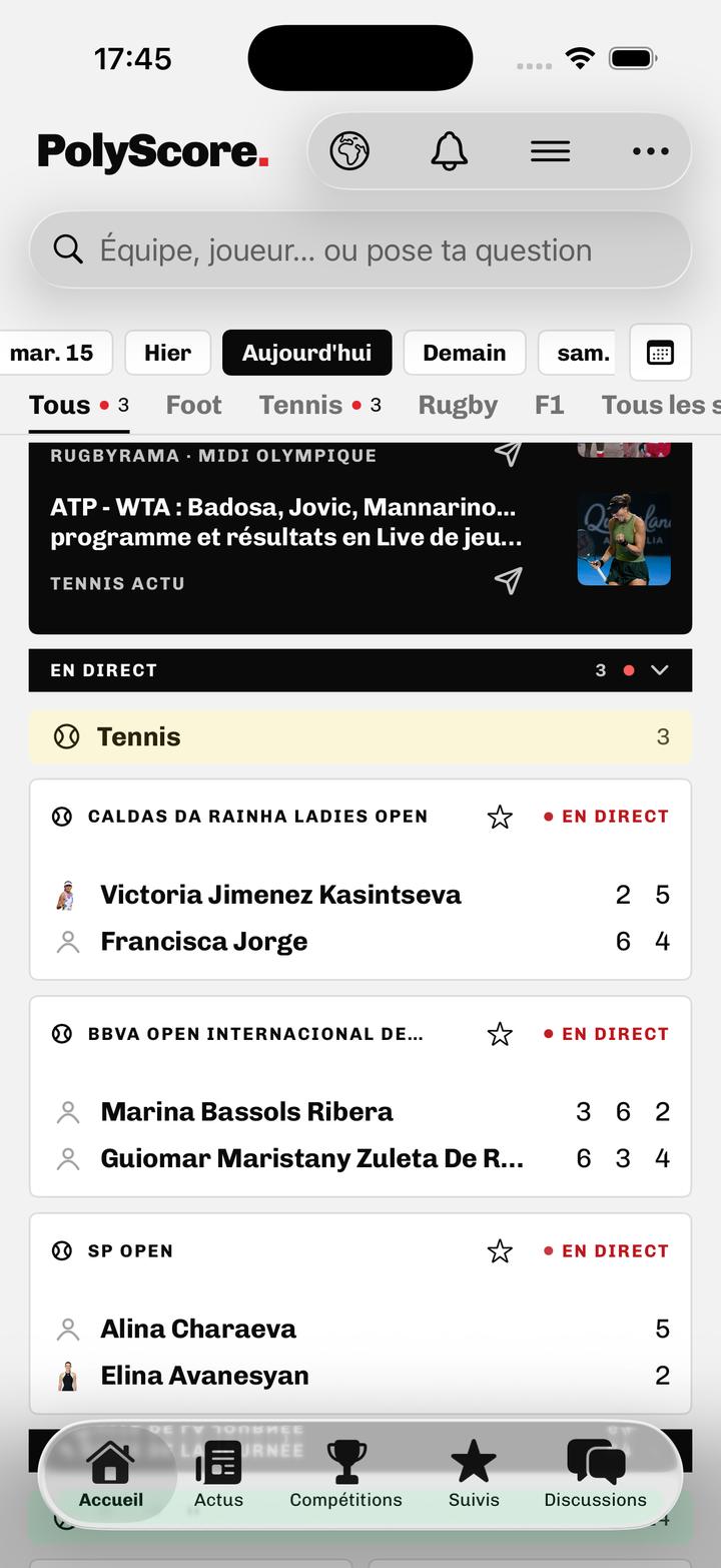 Accueil de PolyScore avec des matchs de tennis en direct.