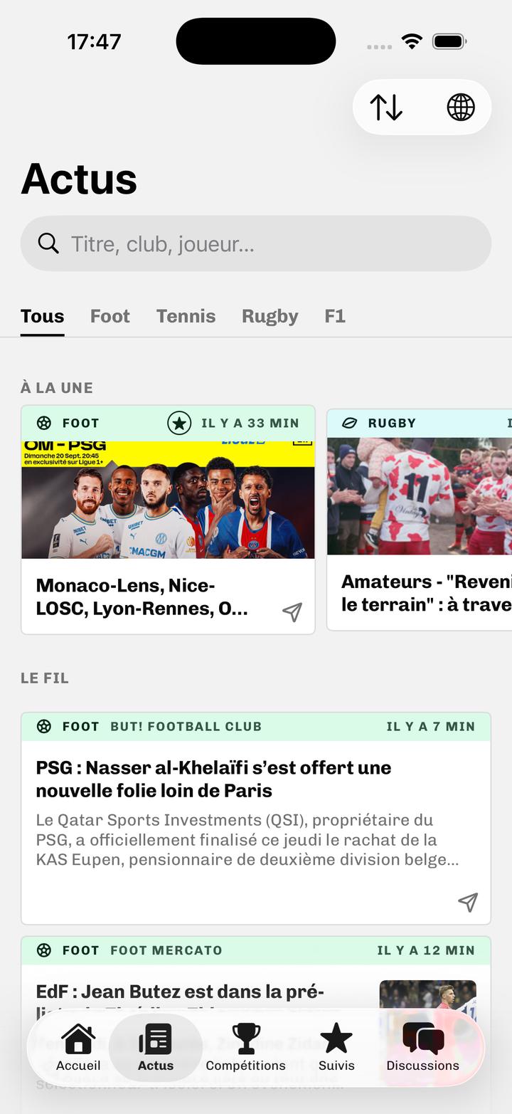 Onglet Actus : barre de recherche, filtres par sport, articles à la une et fil d'articles avec leur cartouche de sport et leur source.