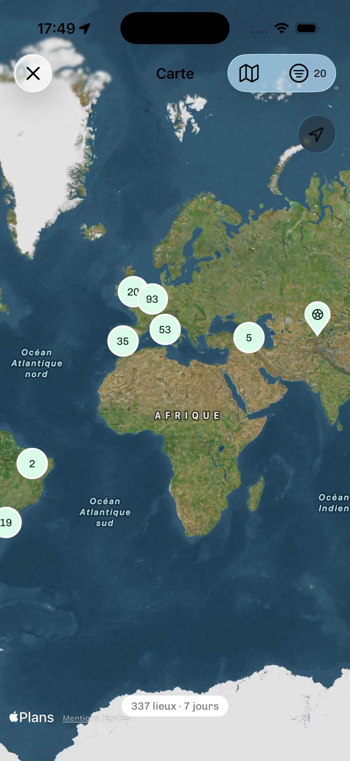 Carte des rencontres en vue satellite.