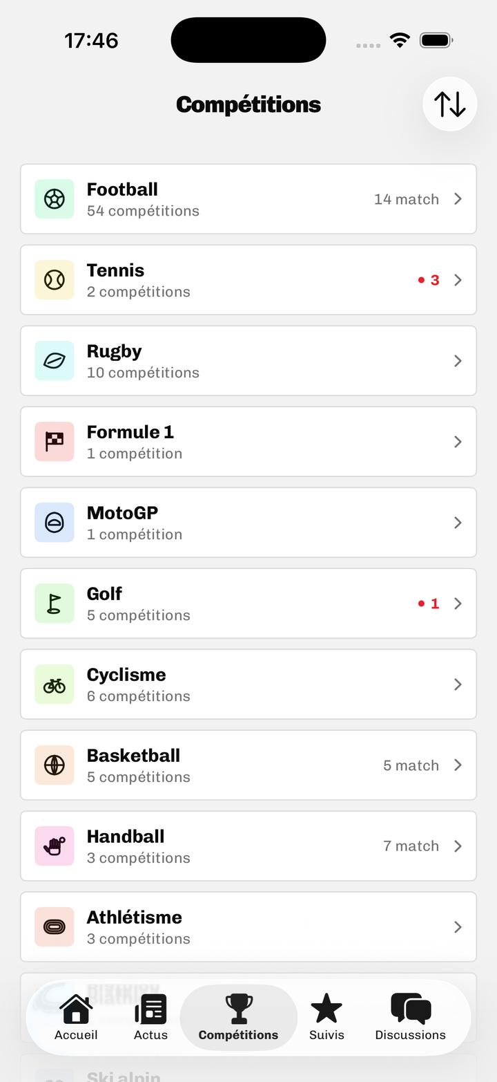 Onglet Compétitions : Football 54 compétitions, Tennis, Rugby, Formule 1, MotoGP, Golf, Cyclisme, Basketball, Handball, Athlétisme, chacun avec sa pastille teintée.