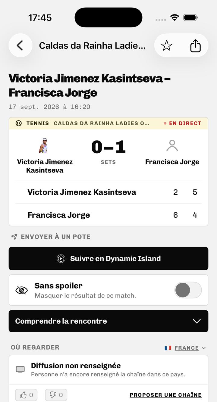 Fiche d'un match de tennis en direct.