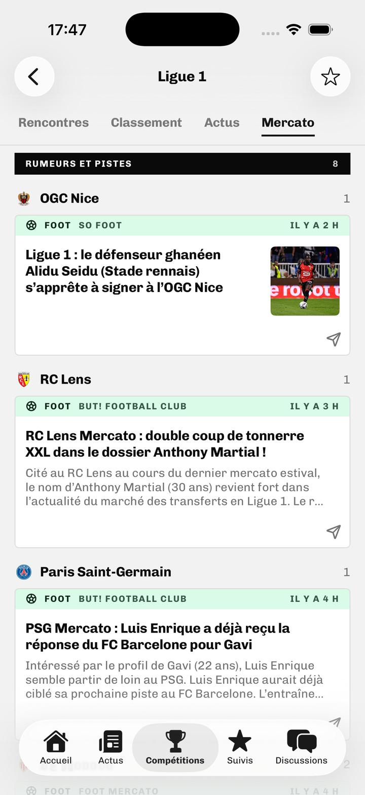 Volet Mercato de la Ligue 1 : rubrique Rumeurs et pistes, articles rangés sous OGC Nice, RC Lens et Paris Saint-Germain.