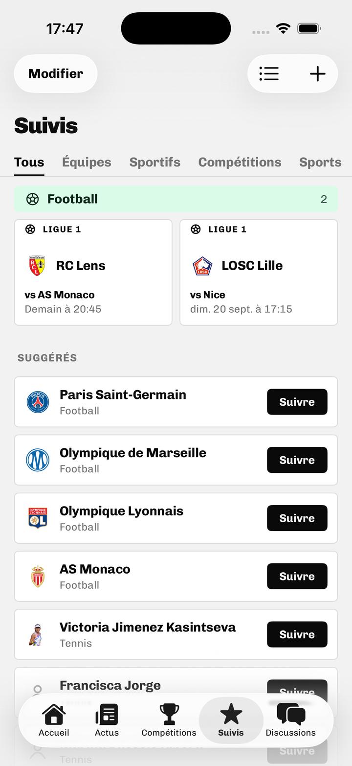 Onglet Suivis : deux clubs de Ligue 1 suivis avec leur prochain match, puis des suggestions de clubs et de joueuses à suivre.